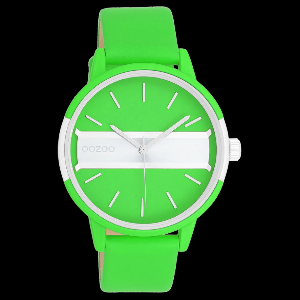 Neon groen/goudkleurige OOZOO horloge met neon groene leren band - C11189