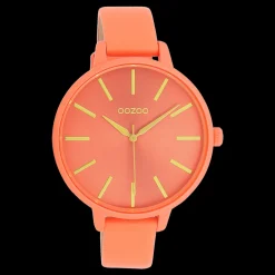 Neon rode OOZOO horloge met koraalkleurige leren band - C11185