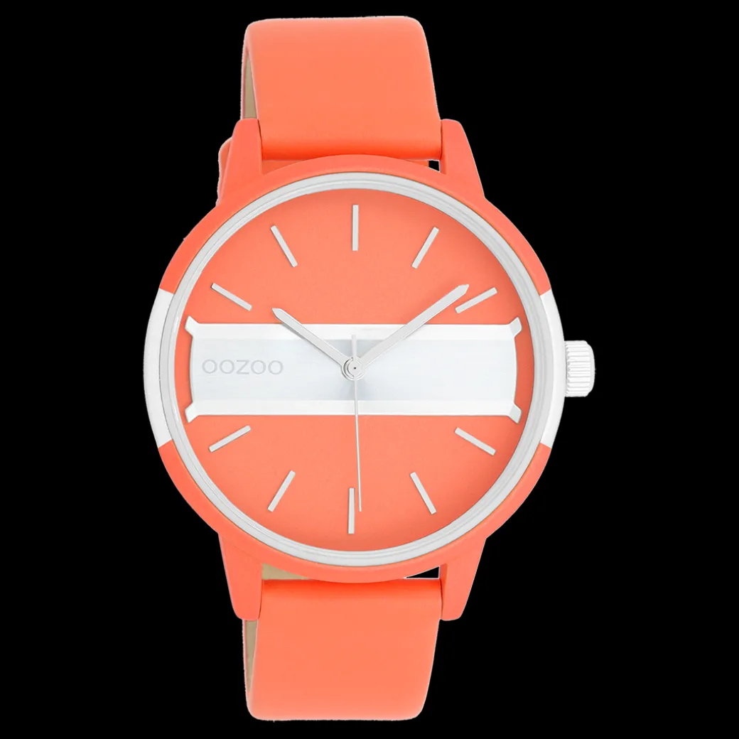 Neon rode/goudkleurige OOZOO horloge met neon oranje leren band - C11190