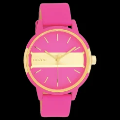Neon roze/goudkleurige OOZOO horloge met neon roze leren band - C11192