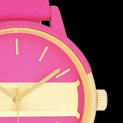 Neon roze/goudkleurige OOZOO horloge met neon roze leren band - C11192