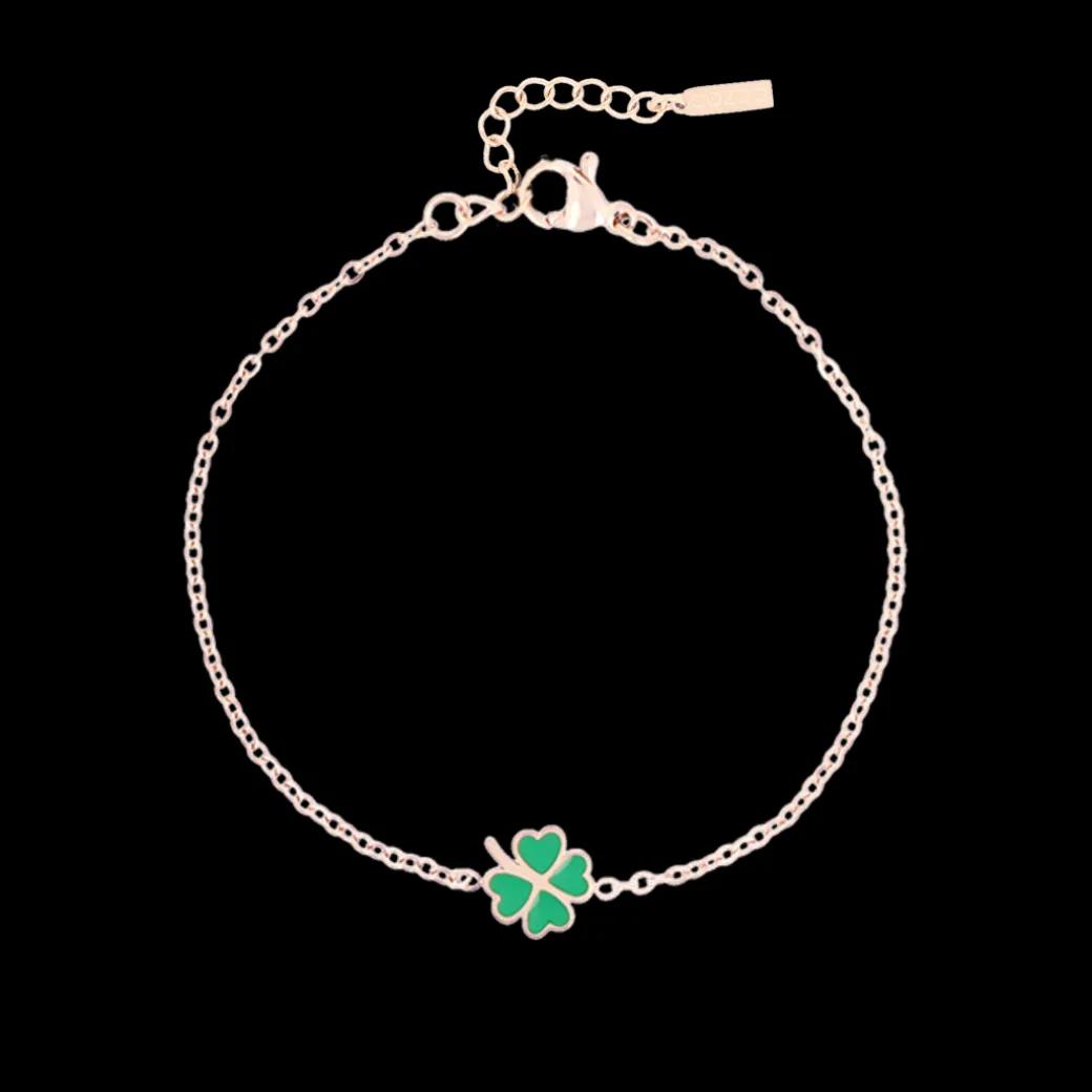 Rosé goud kleurige armband + ketting set met een groene klaver