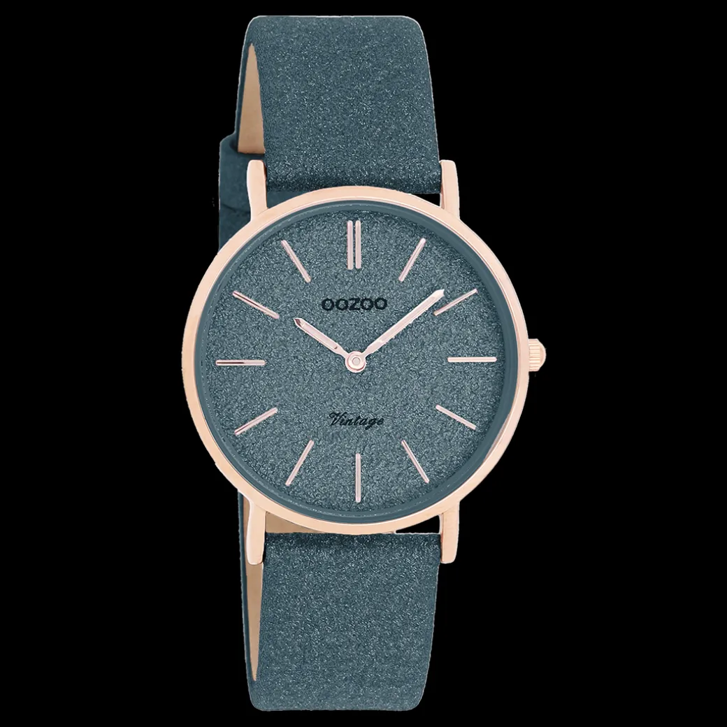 Rosé goudkleurige OOZOO horloge met donker blauwe leren band - C20203