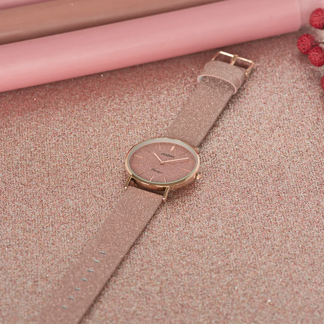 Rosé goudkleurige OOZOO horloge met oud roze leren band - C20161