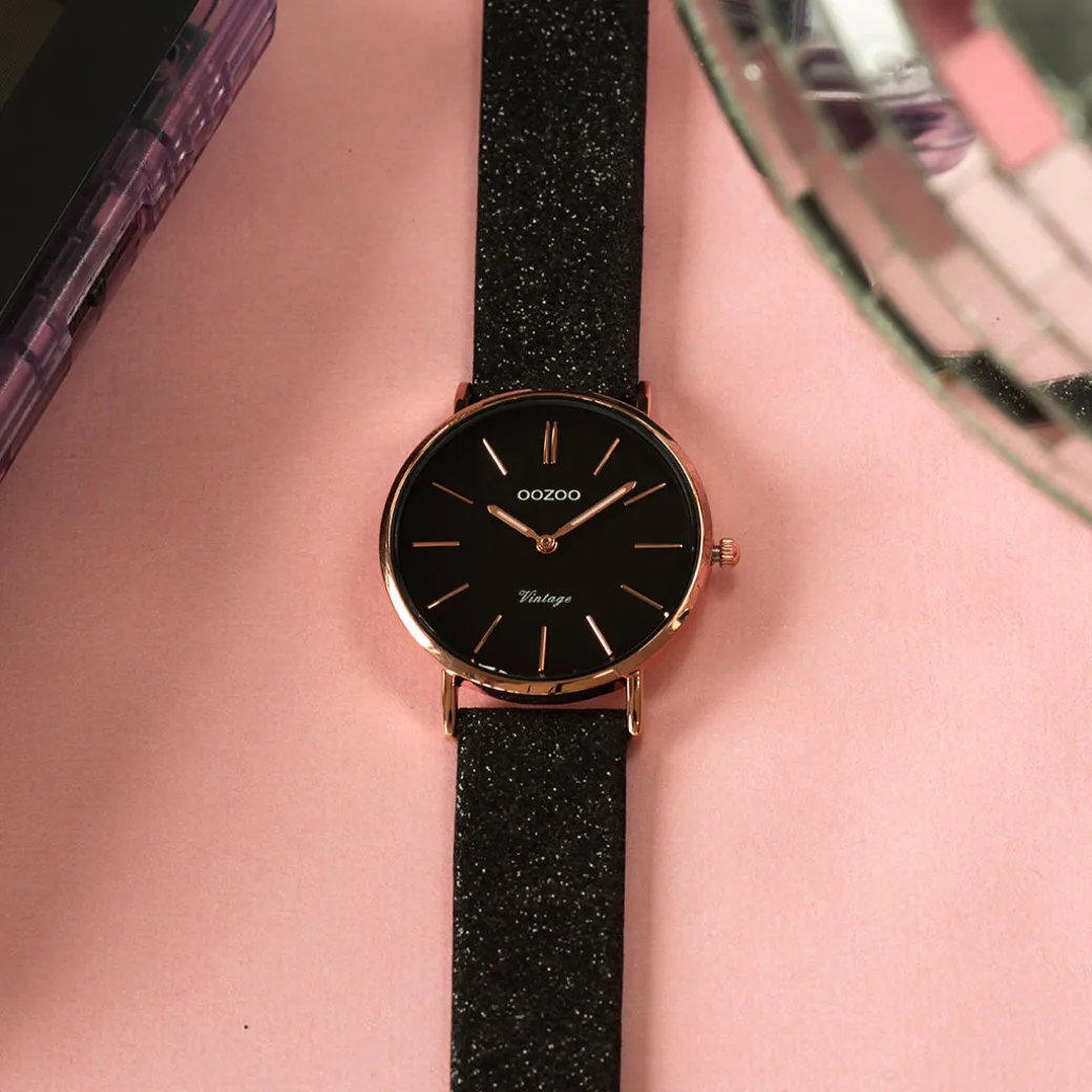 Rosé goudkleurige OOZOO horloge met zwarte leren band - C20159