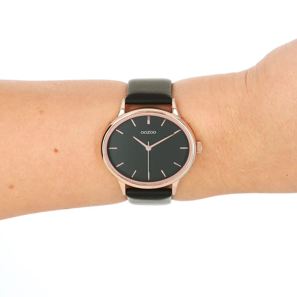 Rosé goudkleurige OOZOO horloge met zwarte leren band - C11054