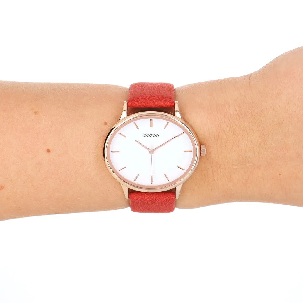 Rosé goudkleurige OOZOO horloge met rode leren band - C11053