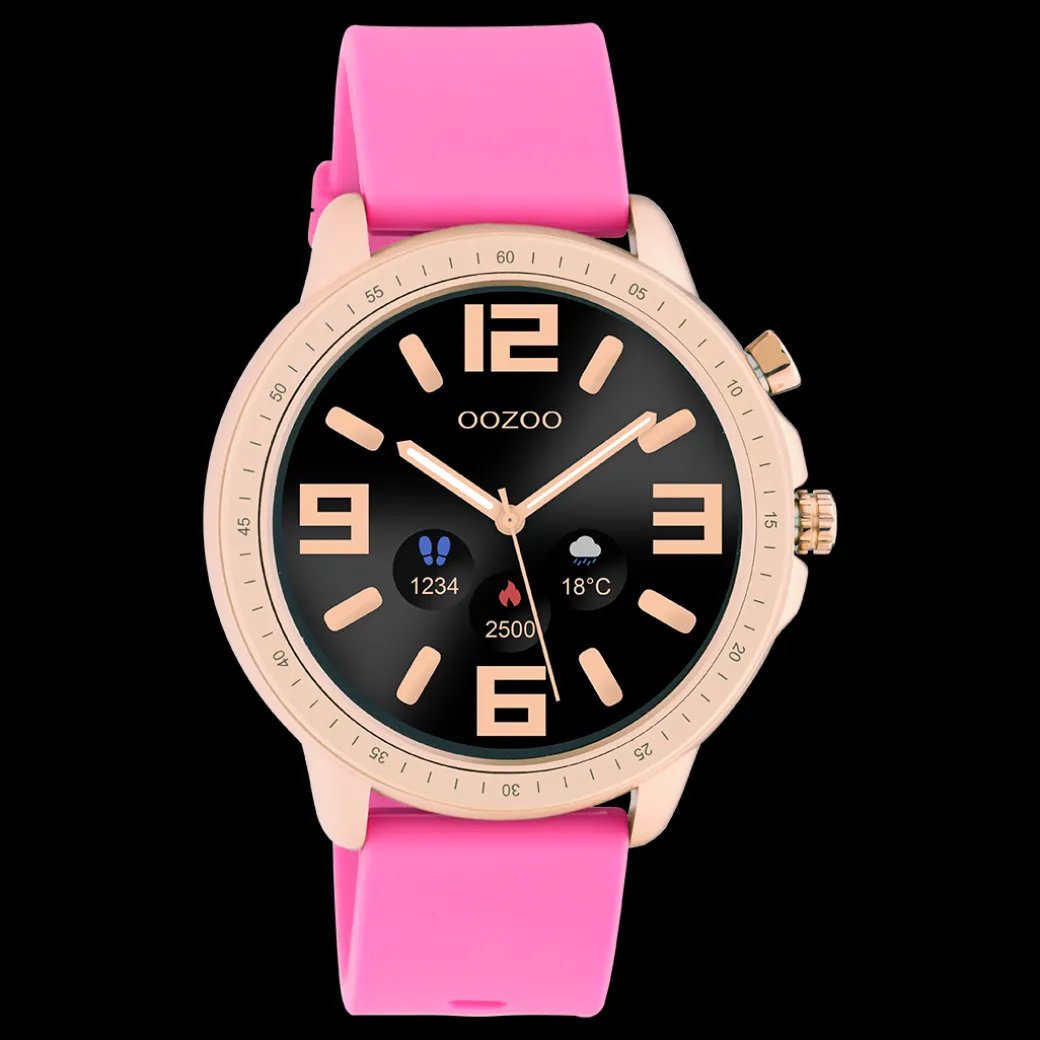 Rosé goudkleurige OOZOO smartwatch met framboos roze rubber band - Q00325