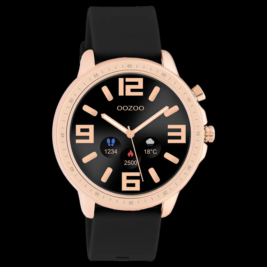 Rosé goudkleurige OOZOO smartwatch met zwarte rubber band - Q00303