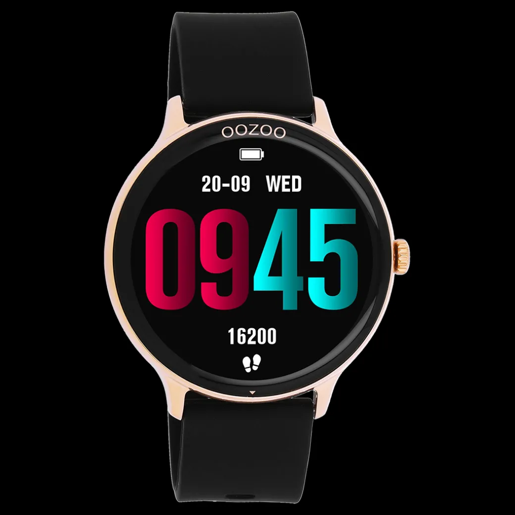 Rosé goudkleurige OOZOO smartwatch met zwarte rubber band - Q00133