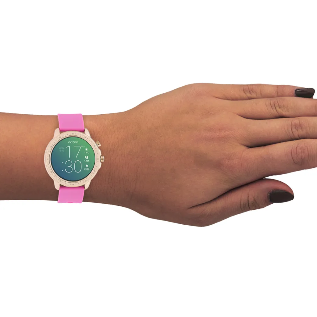 Rosé goudkleurige OOZOO smartwatch met framboos roze rubber band - Q00325