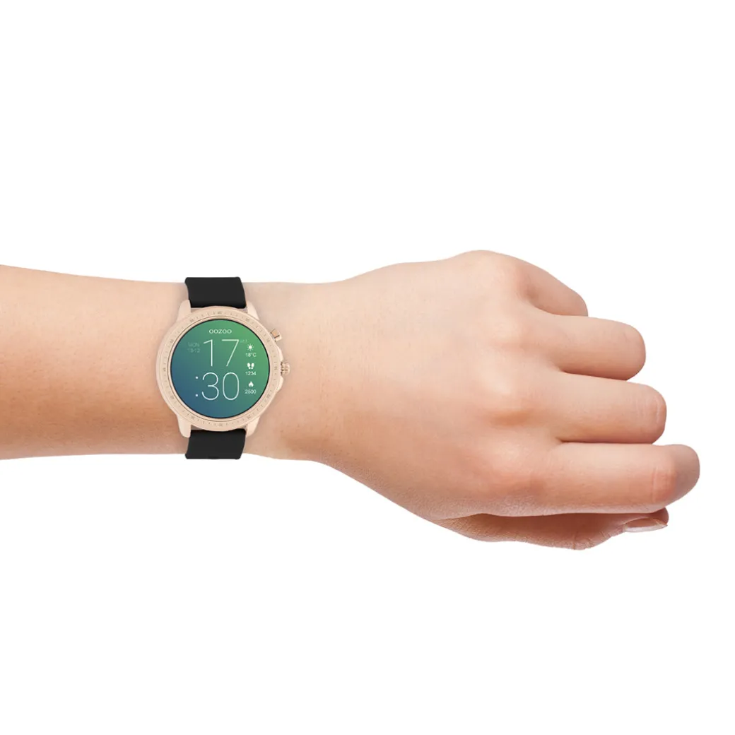 Rosé goudkleurige OOZOO smartwatch met zwarte rubber band - Q00303