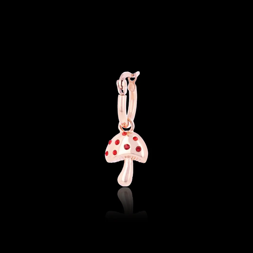 Rosé goudkleurig/rode oorring met een paddenstoel bedeltje