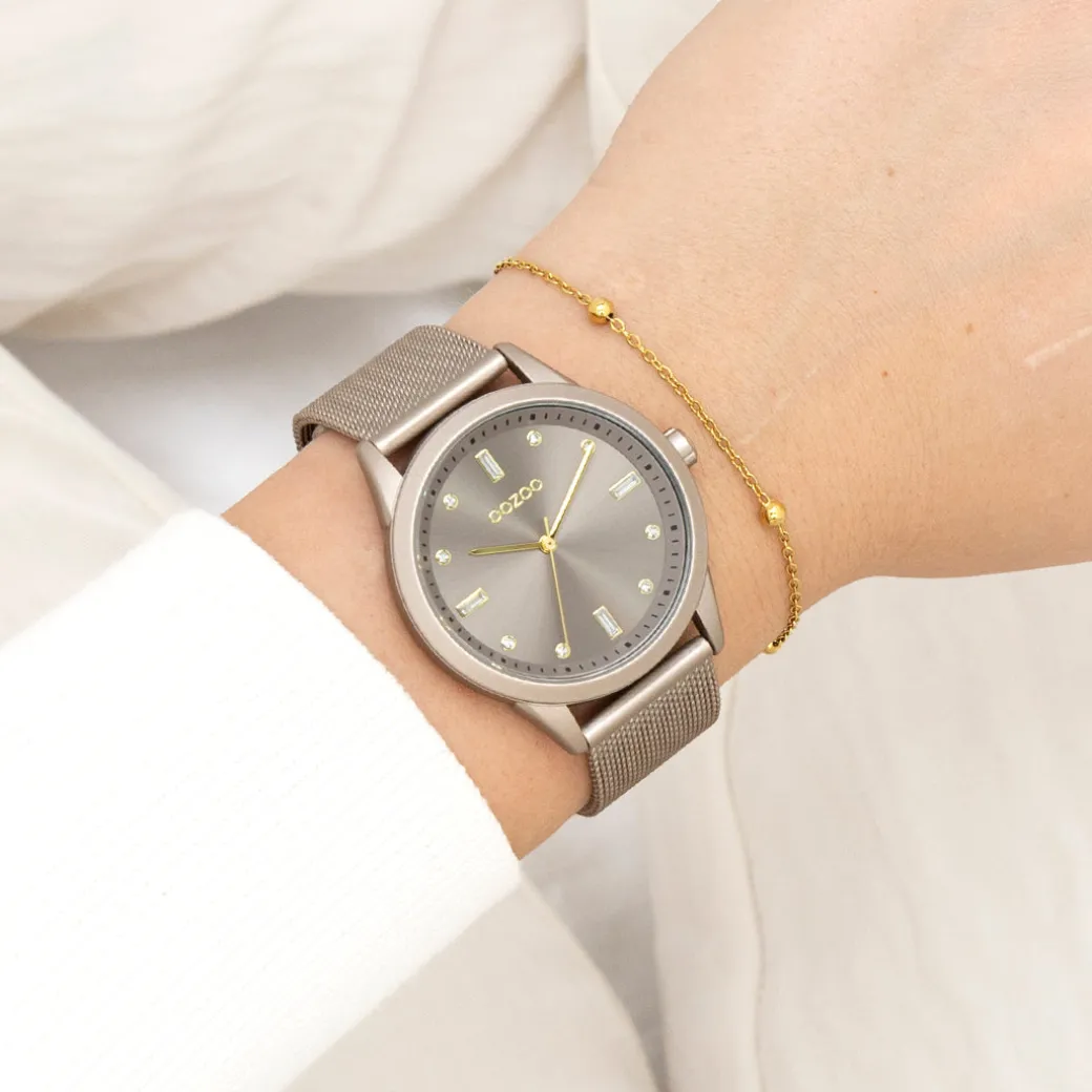 Taupe OOZOO horloge met metalen mesh armband - C11358