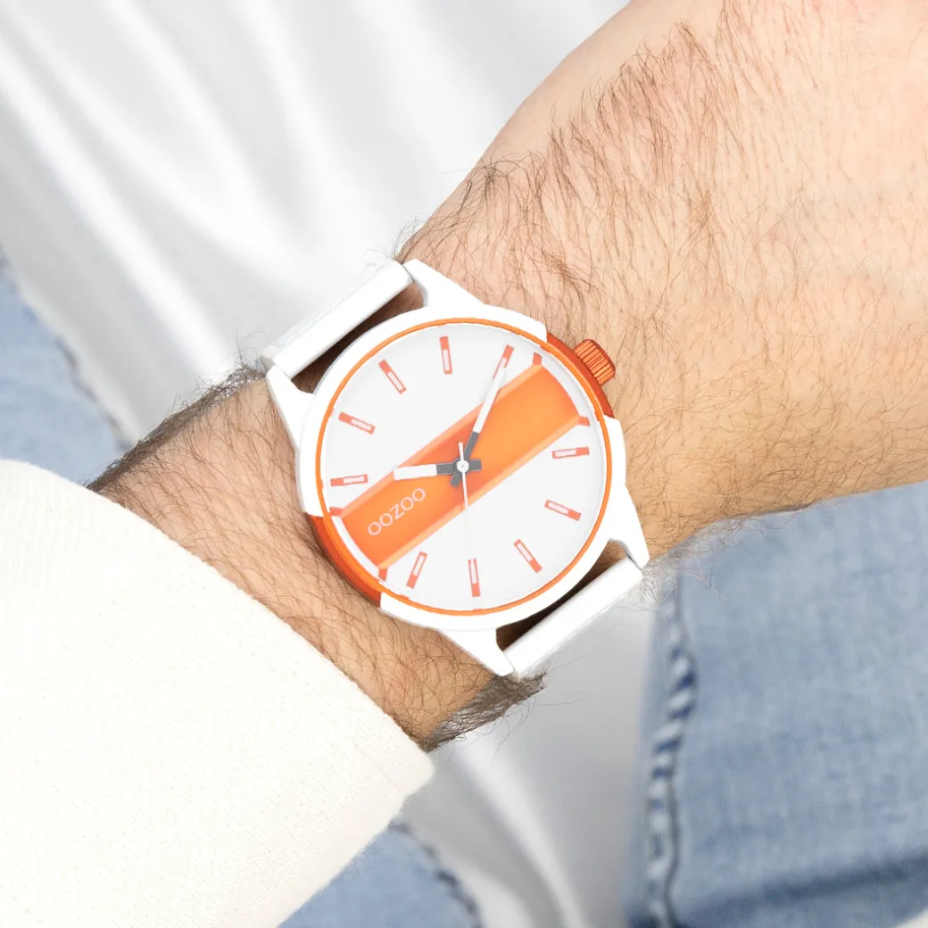 Wit/fluo oranje OOZOO horloge met witte leren band - C11316