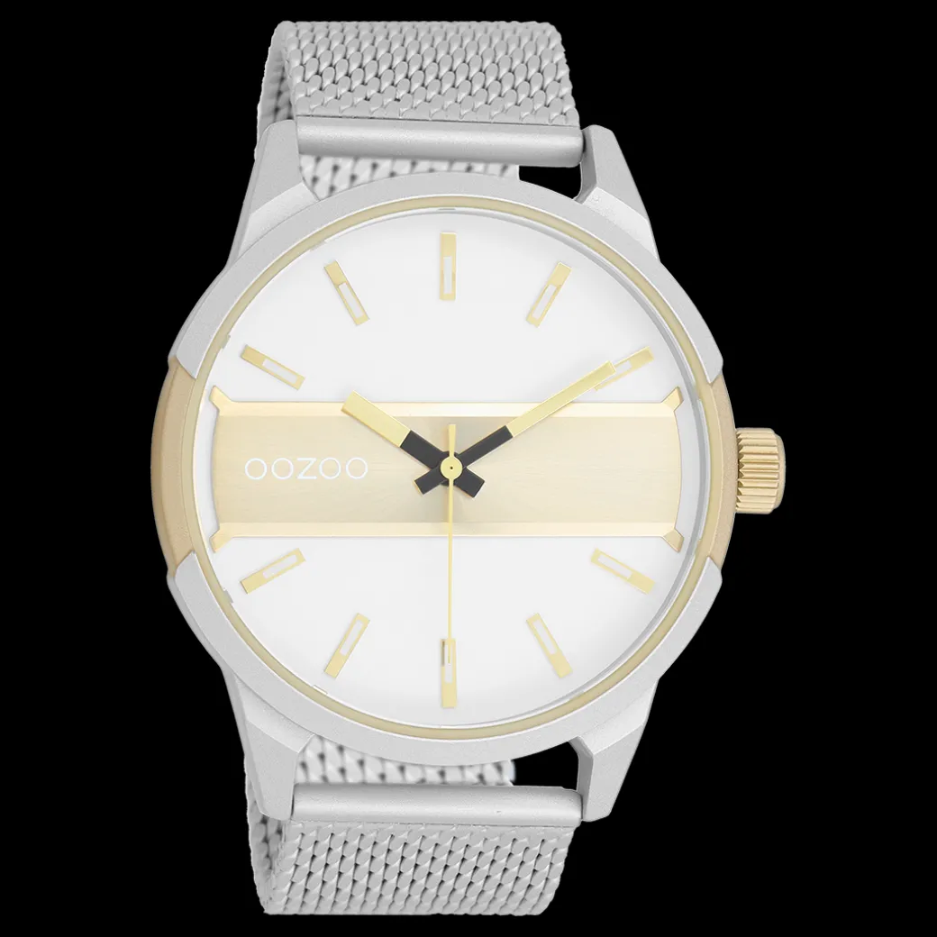 Zilver/goudkleurige OOZOO horloge met zilverkleurige metalen mesh armband - C11106