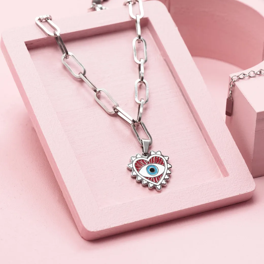 Zilverkleurige ketting met boze oog bedeltje