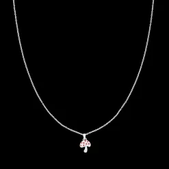 Zilverkleurige oorring + ketting set met een paddenstoel bedeltje