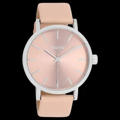 Zilverkleurige OOZOO horloge met perzik crème leren band - C11193