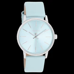 Zilverkleurige OOZOO horloge met licht blauwe leren band - C11369
