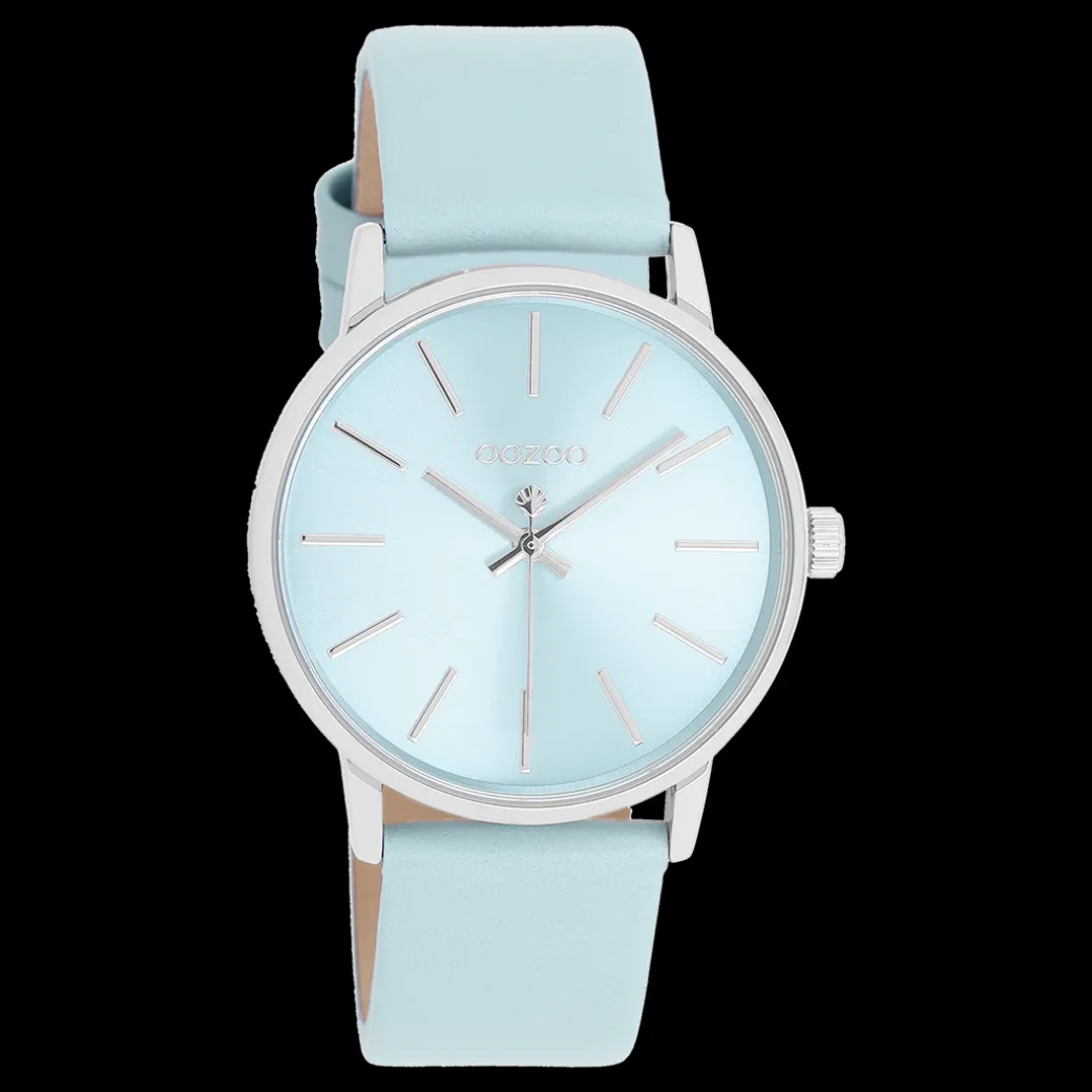 Zilverkleurige OOZOO horloge met licht blauwe leren band - C11369