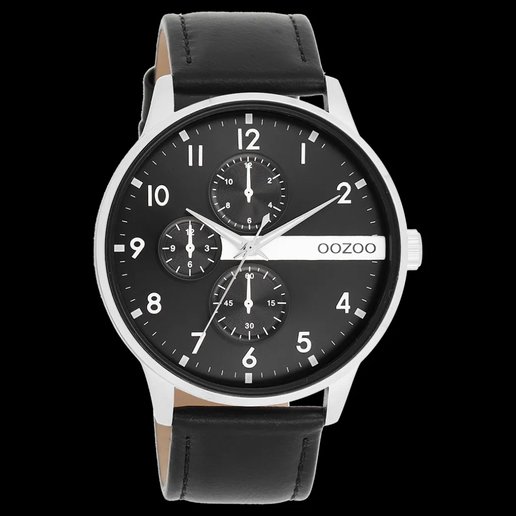 Zilverkleurige OOZOO horloge met zwarte leren band - C11309