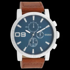 Zilverkleurige OOZOO horloge met bruine leren band - C11210