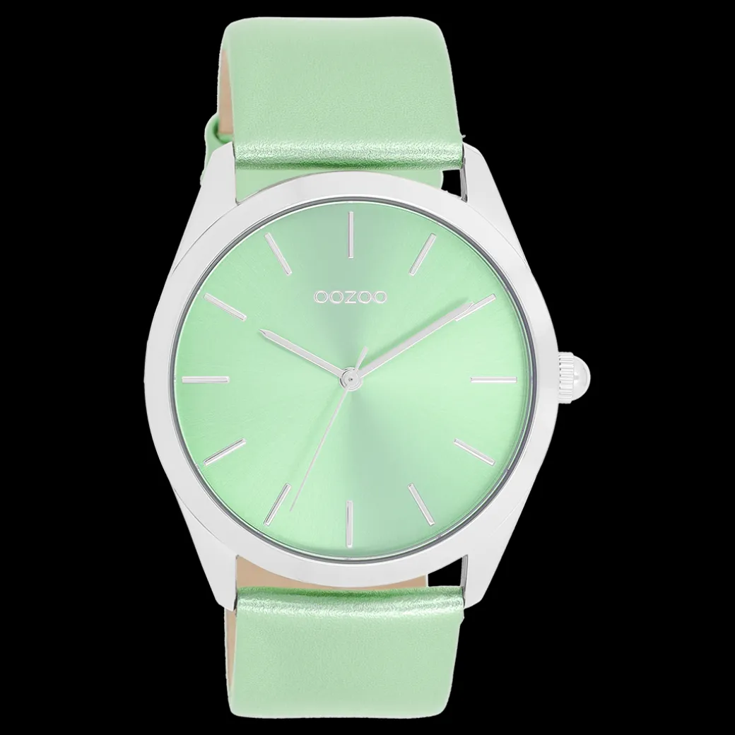 Zilverkleurige OOZOO horloge met mint groene leren band - C11336