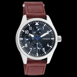 Zilverkleurige OOZOO horloge met bruine klittenband polsband - C11006