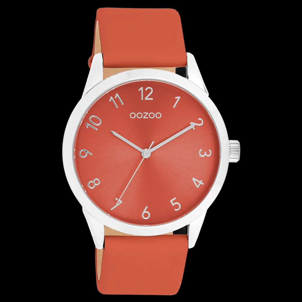 Zilverkleurige OOZOO horloge met rode leren band - C11326