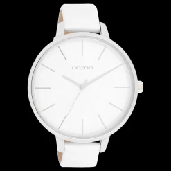 Zilverkleurige OOZOO horloge met witte leren band - C11345