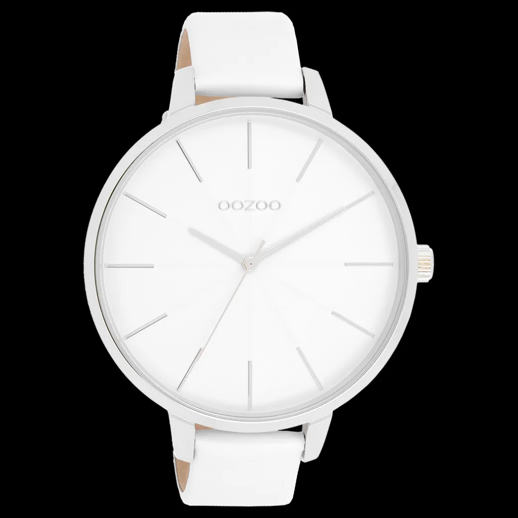 Zilverkleurige OOZOO horloge met witte leren band - C11345