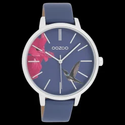 Zilverkleurige OOZOO horloge met marine blauw leren band - C11069