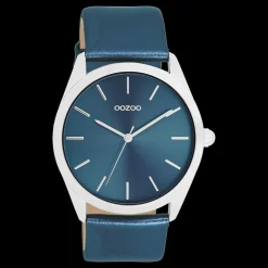 Zilverkleurige OOZOO horloge met blauwe leren band - C11337