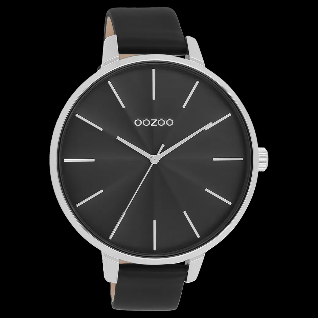 Zilverkleurige OOZOO horloge met zwarte leren band - C11258