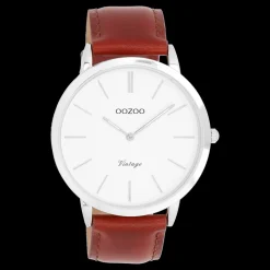 Zilverkleurige OOZOO horloge met bruine leren band - C20385
