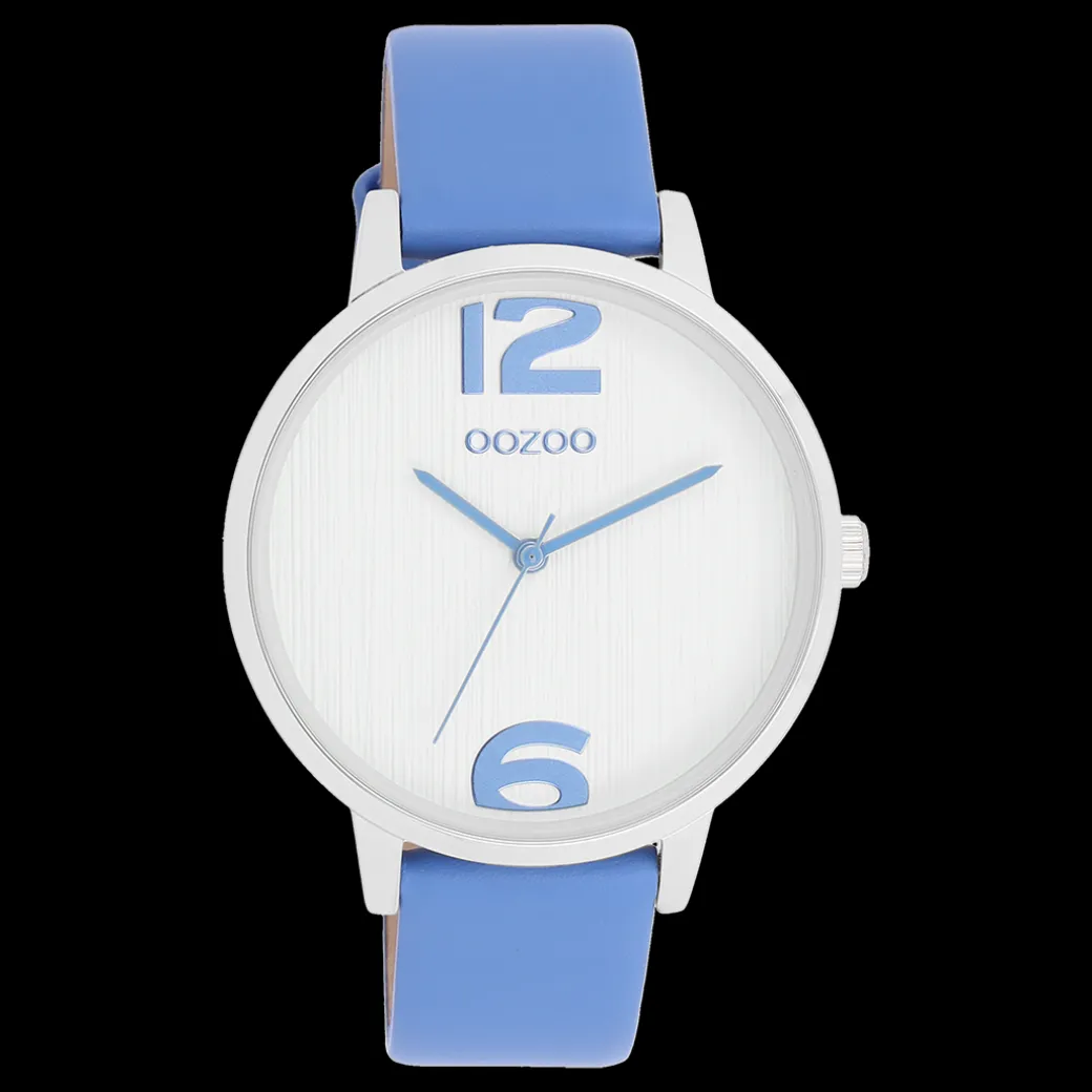 Zilverkleurige OOZOO horloge met mineraal blauwe leren band - C11235