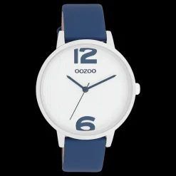 Zilverkleurige OOZOO horloge met donker blauwe leren band - C11238