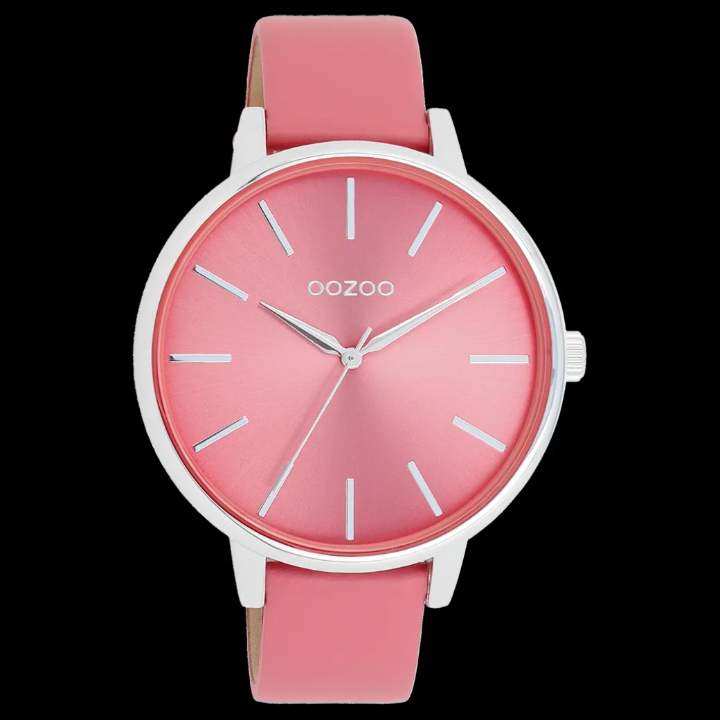 Zilverkleurige OOZOO horloge met roze schelpkleurige leren band - C11295