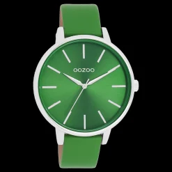 Zilverkleurige OOZOO horloge met groene leren band - C11297