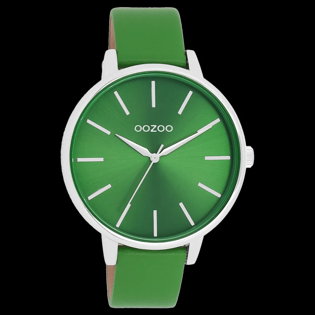 Zilverkleurige OOZOO horloge met groene leren band - C11297