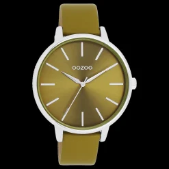 Zilverkleurige OOZOO horloge met olijf groene leren band - C11298