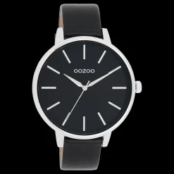 Zilverkleurige OOZOO horloge met zwarte leren band - C11293