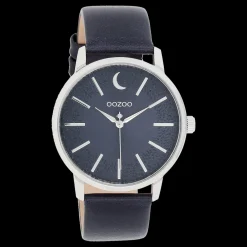 Zilverkleurige OOZOO horloge met donker blauwe leren band - C11043
