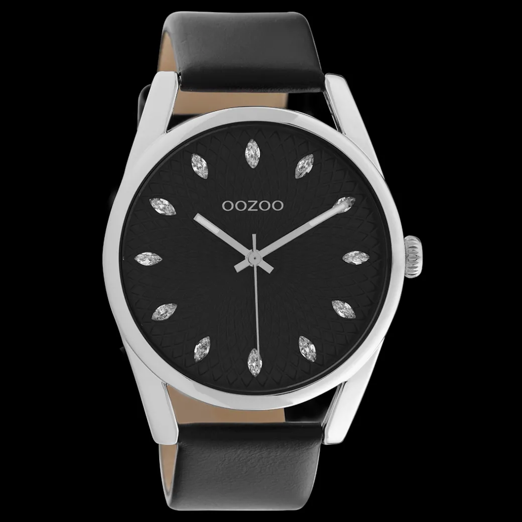 Zilverkleurige OOZOO horloge met zwarte leren band - C10818