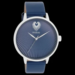 Zilverkleurige OOZOO horloge met blauwe leren band - C11243