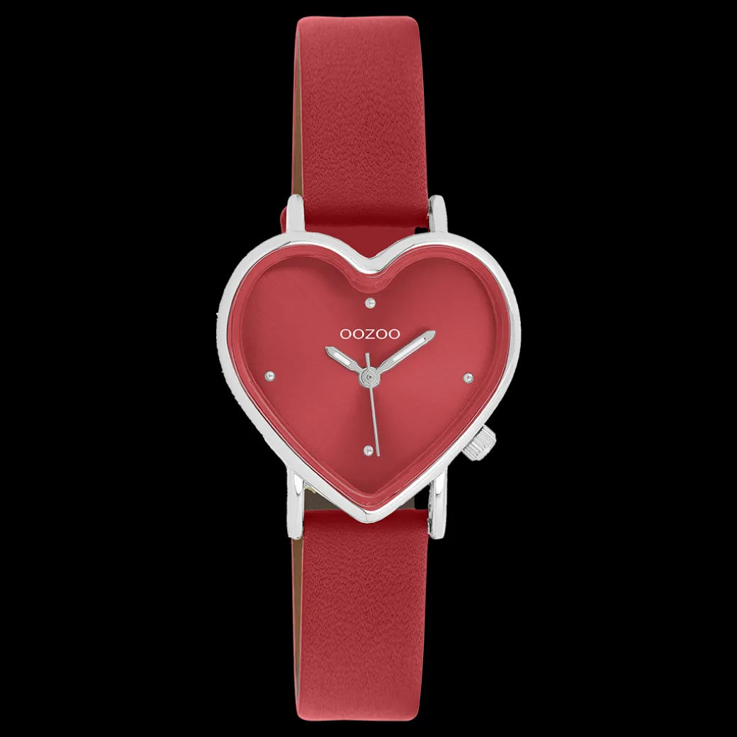 Zilverkleurige OOZOO horloge met rode leren band - C11448