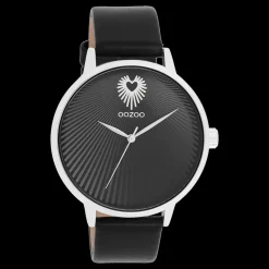 Zilverkleurige OOZOO horloge met zwarte leren band - C11241