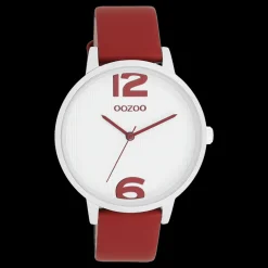 Zilverkleurige OOZOO horloge met dahlia rood leren band - C11237