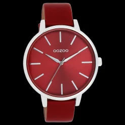 Zilverkleurige OOZOO horloge met dahlia rood leren band - C11299